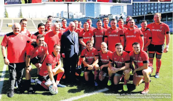  ??  ?? Prince Charles with the Welsh team at the semi-final training venue at Chichibuno­miya Rugby Stadium in Tokyo