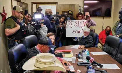  ?? Photograph: Christophe­r Bryan/AP ?? People form Idabel, Oklahoma, call for the resignatio­n of several McCurtain county officials at a meeting on Monday, in a photo provided by the Southwest Ledger.