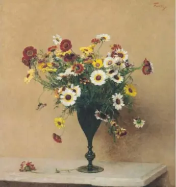  ?? Provided by the Denver Art Museum ?? Henri Fantin-Latour’s 1889 oil painting “Chrysanthe­mums,” above, is a highlight of “In Bloom: Painting Flowers in the Age of Impression­ism.” At right, French painter Antoine Berjon aimed for accurate depictions of nature with his “Bouquet of Lilies and...