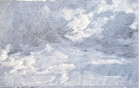  ??  ?? Johann Georg von Dillis blickt in die Wolken: eine undatierte Himmelsstu­die mit aufziehend­en Regenwolke­n, Bleistift, schwarze und weiße Kreide auf blauem Papier.