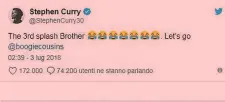  ??  ?? Il tweet con cui Curry accoglie l’ennesima stella a Golden State