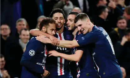  ??  ?? Pablo Sarabia (second right) celebrates his equaliser for Paris Saint-Germain against Real Madrid. Photograph: Javier Soriano/AFP via Getty Images