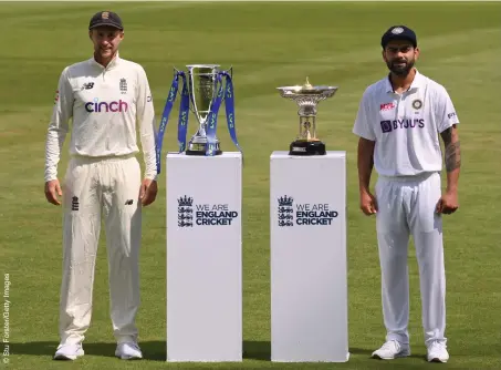  ??  ?? TOUGH TASK: Joe Root (left) and Virat Kohli with the series trophies at Trent Bridge on Monday (2)