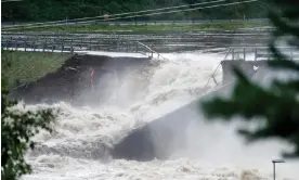  ?? Cornelius Poppe/EPA ?? Water flows after the Braskereid­foss dam on the Glåma River partly collapsed. Photograph: