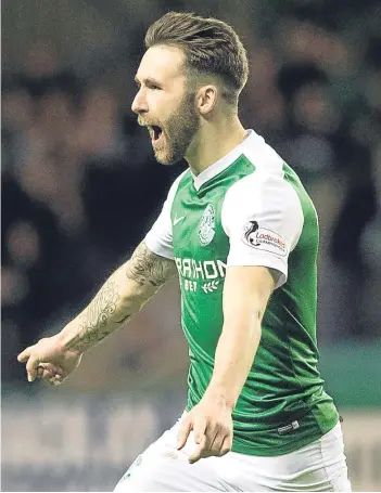  ?? Pictures: SNS Group. ?? Left: Declan McManus beats Hibs keeper Ross Laidlaw to bring Raith level at 1-1; Above: James Keatings celebrates after netting Hibs’ late winner.