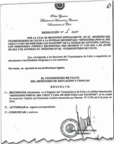  ??  ?? Facsímil del reconocimi­ento del Ministerio Portal del Cielo y Casa de Dios, de la que la senadora Bajac es pastora con permiso.