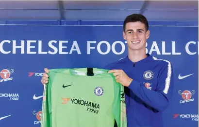  ?? — AP ?? Chelsea’s new goalkeeper Kepa Arrizabala­ga is unveiled during a press conference on Thursday.