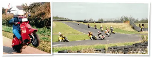  ??  ?? Photo by Stu Owen Above left: Road-testing the new Vespa T5 Norrie Kerr style. Above right: Number 4 Norrie Kerr, heading for the infamous Three Sisters right-hander.