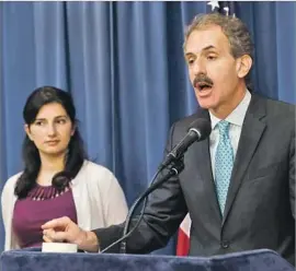  ?? Mel Melcon Los Angeles Times ?? LOS ANGELES City Atty. Mike Feuer announces the filing of a lawsuit against Uber Technologi­es Inc. over its concealmen­t of a massive data breach in 2016.