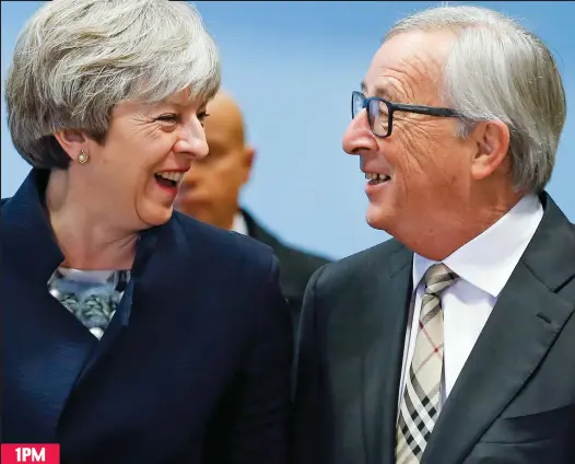  ??  ?? All smiles: Theresa May and Jean-Claude Juncker ahead of their lunch at the European Commission in Brussels 1PM