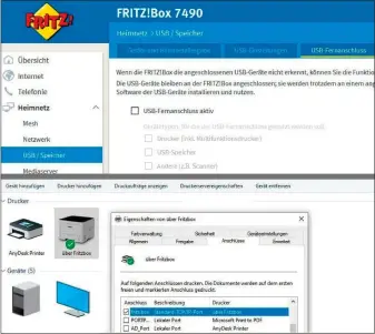  ??  ?? Drucken auf Usb-geräten über die Fritzbox und das Heimnetzwe­rk: Die Konfigurat­ion des Routers (oben) und die Einrichtun­g des Druckers unter Windows 10 (darunter) sind einfach.