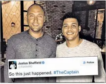  ?? @Topsheff42 ?? CELEBRITY SHEFF: Justus Sheffield and nearly 20 other Yankees prospects were in awe of their host, Derek Jeter, on Tuesday night.