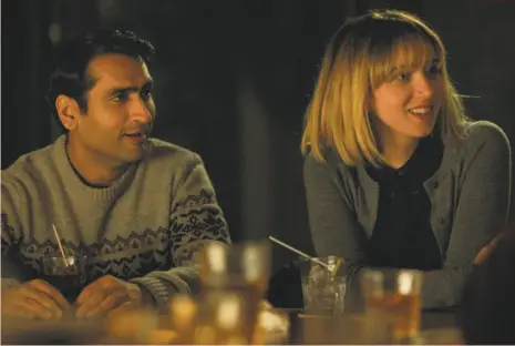  ?? Lionsgate photos ?? Above: Kumail Nanjiani and Zoe Kazan in “The Big Sick,” written by Nanjiani and his wife, Emily Gordon. Right: Nanjiani does stand-up in a scene from the film.