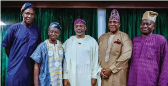  ??  ?? L-R: Bola Belo (Film Producer), Tunde Kelani (Filmmaker/Director), Speaker of the House of Representa­tive, Rep. Femi Gbajabiami­la, Chairman, Committee on Informatio­n, Security and Strategy, Lagos State House of Assembly (LSHA), Hon. Tunde Braimoh and Tolani Abati (CPS to the Speaker LSHA) after an engagement between the Speaker and the team at the National Assembly on Tuesday