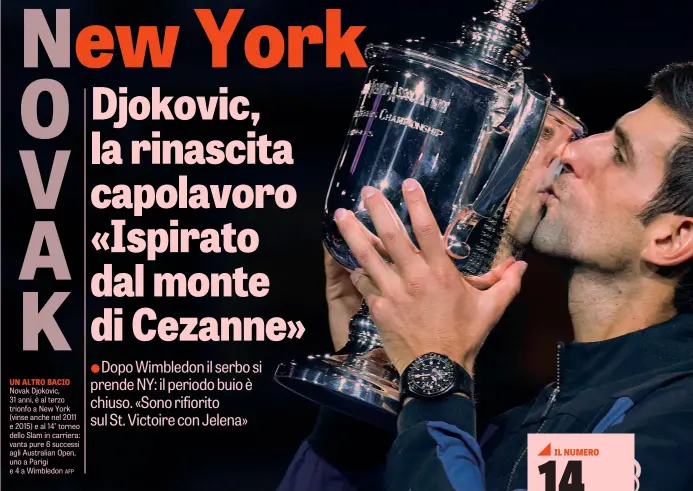  ??  ?? UN ALTRO BACIO Novak Djokovic, 31 anni, è al terzo trionfo a New York (vinse anche nel 2011 e 2015) e al 14° torneo dello Slam in carriera: vanta pure 6 successi agli Australian Open, uno a Parigi e 4 a Wimbledon AFP