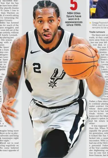  ??  ?? 5 NBA titles Spurs have won in 6 appearance­s since 1999. Gregg Popovich (left), who has been head coach since 1996, lost his wife of four decades on 18 April and it remains to be seen what this will mean for his futre.