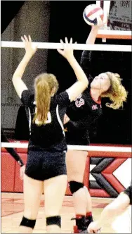  ?? PHOTO BY RICK PECK ?? McDonald County’s Lindsey Limore goes for a kill in the Lady Mustangs 14-25, 10-25, 20-25 loss to Bentonvill­e on Aug. 25 at McDonald County High School.