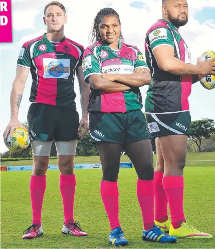  ?? Picture: SHAE BEPLATE ?? STANDING OUT: Western Suburbs Rugby Union Club players Joey Hunter, Gagie Namok and Stan Mahe show their support for breast cancer awareness by wearing pink jerseys and pink socks at the weekend.