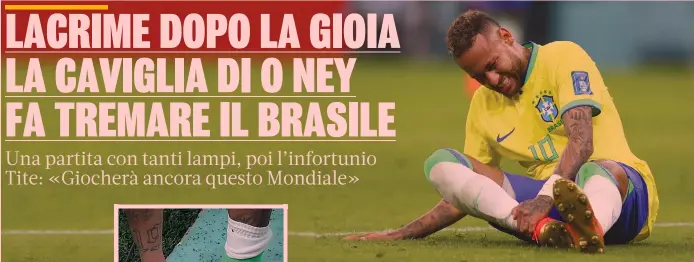  ?? INSIDE ?? L’infortunio nel finale Neymar, 30 anni, a terra: nel riquadro la caviglia destra gonfia