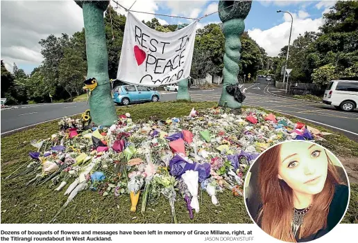  ?? JASON DORDAY/STUFF ?? Dozens of bouquets of flowers and messages have been left in memory of Grace Millane, right, at the Titirangi roundabout in West Auckland.