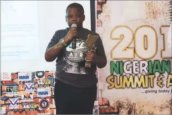  ??  ?? 11 year old Oluwalayom­i Ogungbe ,a year 7 student of Greensprin­gs Anthony School bagged the Nigerian Social Media Personalit­y of the Year Award at the Nigerian Child Summit Award held at Oriental Hotels in Lagos recently