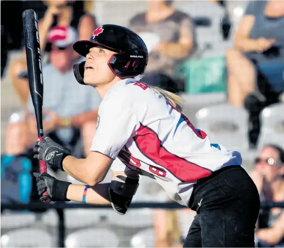  ?? Photo / AP ?? Canada's Victoria Hayward watches her inside-the-park grand slam against Guatemala during the first inning of the Softball Americas Olympic qualifier tournament in Surrey, British Columbia, last year.