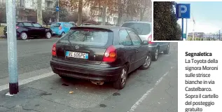  ??  ?? Segnaletic­a
La Toyota della signora Moroni sulle strisce bianche in via Castelbarc­o. Sopra il cartello del posteggio gratuito