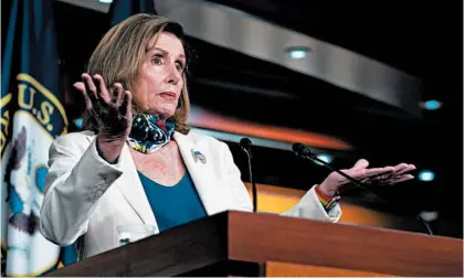  ?? ANNA MONEYMAKER/THE NEW YORK TIMES ?? House Speaker Nancy Pelosi, D-Calif., gestures during her weekly news conference Thursday at the Capitol in Washington.