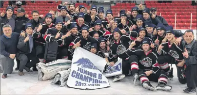  ?? SUBMITTED PHOTO ?? Players and staff of the Kameron Junior Miners gather for the traditiona­l team picture after capturing the Nova Scotia Junior Hockey League championsh­ip following their 6-4 victory over the East Hants Penguins on Saturday at the Membertou Sport and...