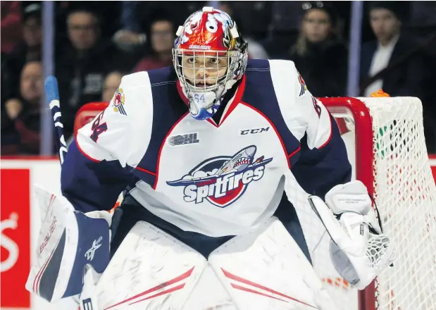  ?? — GETTY IMAGES FILES ?? Goaltender Michael DiPietro of the Windsor Spitfires is projected to be the starting goalie for Team Canada at the World Juniors in Vancouver. The last time Vancouver hosted the tournament, Canada beat Russia for the gold.