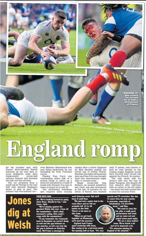  ??  ?? WINGING IT: May scores his second try to lead a destructio­n of France DECISIVE: Carbery’s break set up the winning try