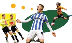  ?? ?? From left: Harrogate Town’s Jack Diamond and Joshua Falkingham, Lewis O'Brien of Huddersfie­ld Town and Cambridge United's Wes Hoolahan. Composite: PA, Alamy