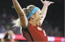  ?? Eric Risberg / Associated Press ?? Midfielder Julie Ertz reacts after scoring her sixth goal since July for the U.S. women in Sunday’s match.