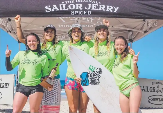  ?? Picture: BERNADETTE McALINDEN ?? DBah’s winning women Brodie Doyle, Audrey Styman-Lane, Grace Styman-Lane, Freya Prumm and Amiya Doyle celebrate.