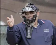  ?? MEDIANEWS GROUP FILE PHOTO ?? Home plate umpire Greg Zak Jr. signals a strike during a high school game between West Windsor South and Princeton Day.