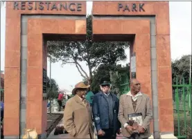  ??  ?? Judge Thumba Pillay, Kay Moonsamy and Swaminatha­n Gounden at Resistance Park in Umbilo.