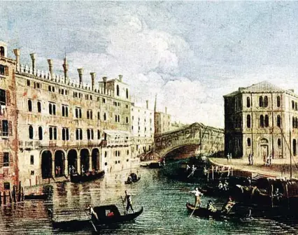  ??  ?? Una veduta veneziana del Canal Grande a Rialto, dipinta tra il 1730 e il 1750 da Giovanni Antonio Canal, noto come il Canaletto (1697-1768). L’edificio grande sulla sinistra è il Fondaco dei Tedeschi. Madrid, Museo del Prado