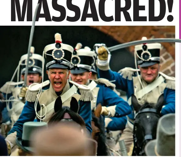  ??  ?? Bloody clash: Hussars ruthlessly dispersing the crowd in Peterloo. Inset: Maxine Peake (with Alicia Turner) as Nellie