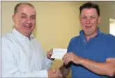  ??  ?? Michael Sheehan, Charlevill­e (right) accepts a cheque for €800 from Denis Sheehan, the proceeds of the Ely Bridge Tournament in aid of the Miriam McCarthy Fund.