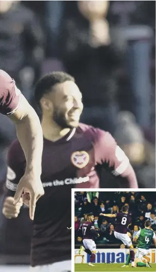  ??  ?? Uche Ikpeazu was Hearts’ matchwinne­r against Aberdeen a week ago and will be looking to add to his goal tally when Hibs visit Tynecastle today. Below, Olly Lee was the Hearts hero in the last derby as his stunning first-half strike earned the bragging rights for Craig Levein’s men.