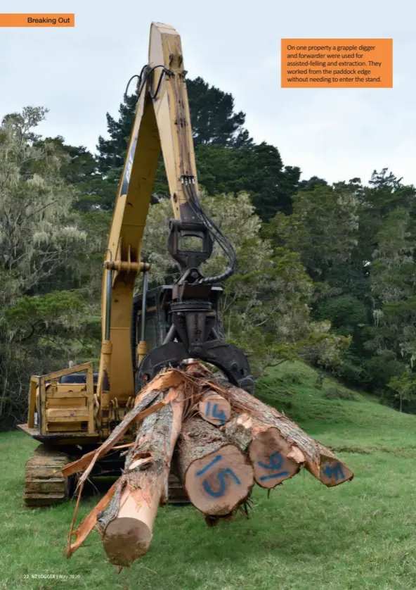  ??  ?? On one property a grapple digger and forwarder were used for assisted-felling and extraction. They worked from the paddock edge without needing to enter the stand.