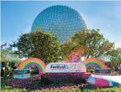  ?? JOE BURBANK/ORLANDO SENTINEL ?? Artwork of Figment welcomes guests to the 2023 Epcot Internatio­nal Festival of the Arts at Walt Disney World.