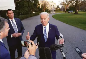  ?? Yuri Gripas/New York Times ?? President Joe Biden speaks to reporters Wednesday on the South Lawn of the White House. Democrats are confrontin­g the limits of their power in a newly divided Washington.