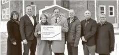  ?? Bill Atwood ?? Woolwich Mayor Sandy Shantz, Oxford County Warden Marcus Ryan, Waterloo Region Chair Karen Redman, Kitchener-Conestogo MP Tim Louis, Beyond Housing executive director Dan Driedger, Blandford-Blenheim Mayor Mark Peterson and Waterloo Region Coun. Jim Erb gathered Feb. 16 in St. Jacobs.