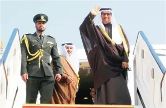  ??  ?? KUWAIT: His Highness the Prime Minister Sheikh Jaber Al-Mubarak Al-Hamad Al-Sabah waves as he prepares to leave to Paris, France yesterday. —KUNA
