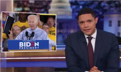  ??  ?? Trevor Noah: ‘It’s one thing to mess up in the middle of a sentence. It’s another thing to stumble when you’re trying to rally the tramps – I mean the troops.’ Photograph: YouTube