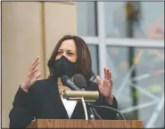  ?? (File Photo/AP/Jacquelyn Martin) ?? Democratic vice presidenti­al candidate Sen. Kamala Harris, D-Calif., speaks during the Fairfax 9/11 Remembranc­e Ceremony, in Fairfax Va., held at the Fairfax County Public Safety Headquarte­rs. On Friday, The Associated Press reported on stories circulatin­g online incorrectl­y claiming Harris’ family came from India to Jamaica to exploit Black slaves. Harris did not make that statement, and there is no evidence anyone in her family went from India to Jamaica to benefit from the slave trade as social media posts falsely suggest.