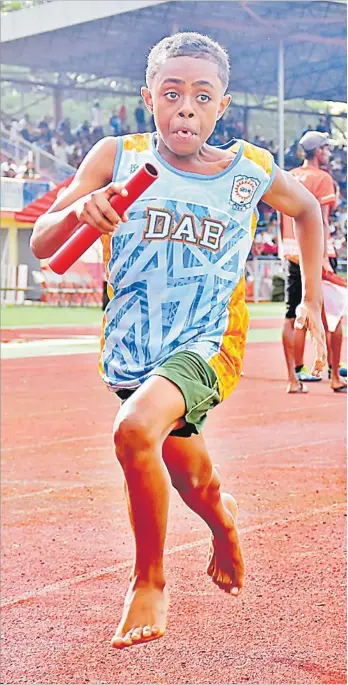  ?? Picture: REINAL CHAND ?? DAV College athlete Ratu Maikeli competes in the sub-junior Boys 4x400m final at the Ba Coca-Cola Games in Churchill Park, Lautoka. More than 300 athletes will compete during t Coca-Cola Games at the HFC Bank Stadium in Suva.