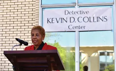  ?? (Pine Bluff Commercial/I.C. Murrell) ?? Pine Bluff Mayor Shirley Washington speaks in front of the former Main Library, which has been renamed the Detective Kevin D. Collins Center, Wednesday at the Civic Center.