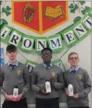  ??  ?? Pictured at the Enviroment­al Day at the Patrician Academy were Luke Barrow, Henry Egbo and Conor Lavery.